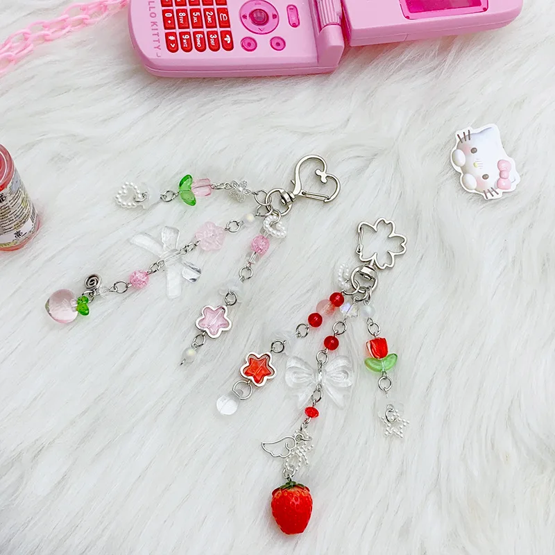 So Sweet strawberry Peach bow star keychain Charm y2k coquettish fairytale lily of the valley keychain