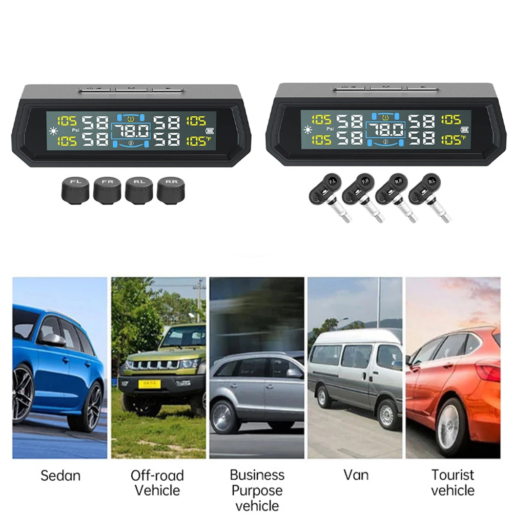 

Solar/USB Powered Tire Pressure Monitoring System LCD Display Tire Pressure Monitor System IPX7 Waterproof for RVs Trailers Cars