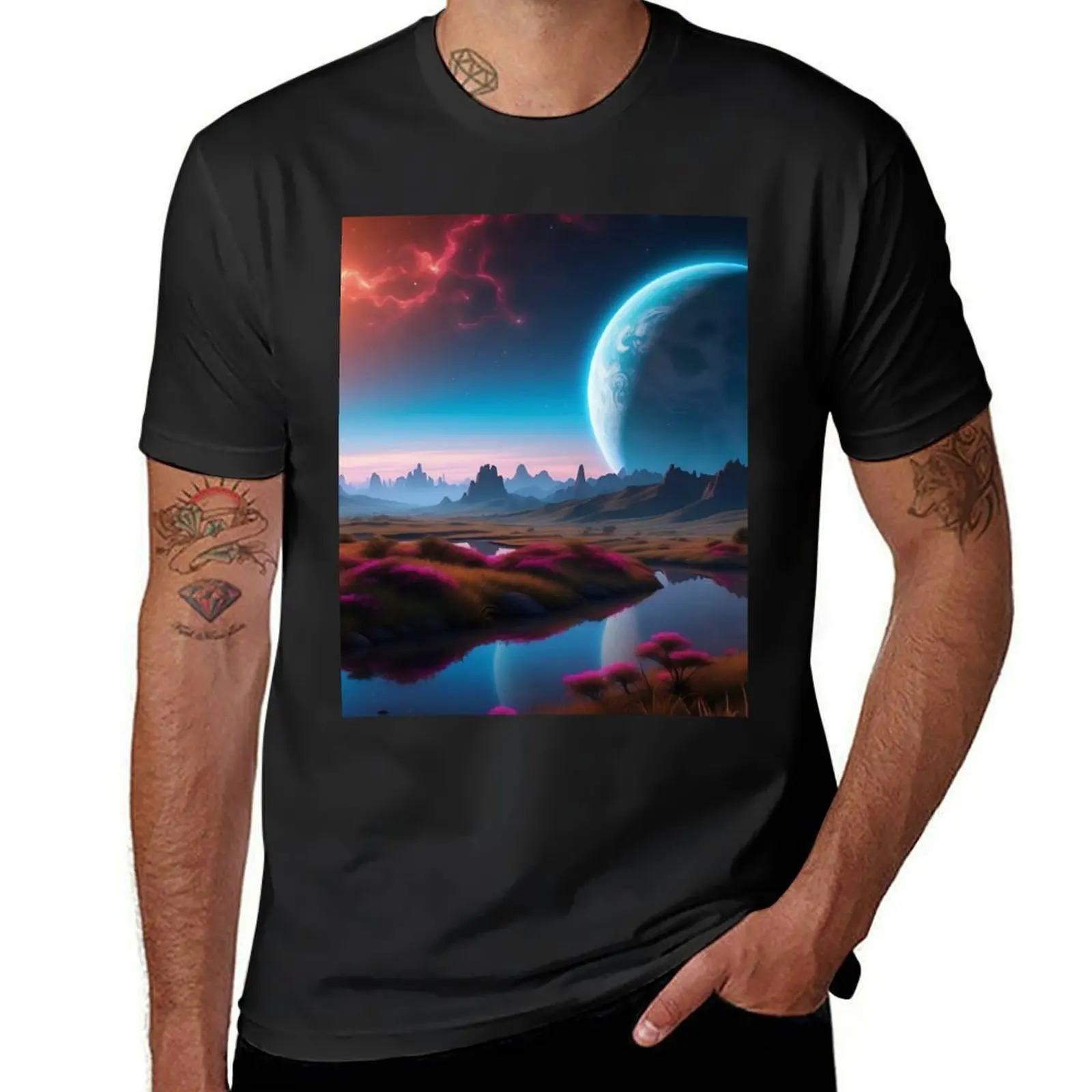 Lunar Embrace: Tranquil Night by the Celestial River T-Shirt plain cute tops Short sleeve tee men