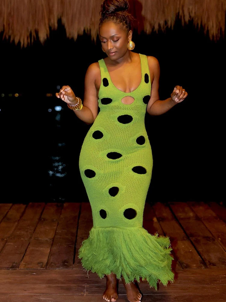 kliou Chic Dot Print Women Maxi Dress High Street Stunning Tassel Stacked Sleeveless Cleavage Cut Out Robe Mujer Festival Frock
