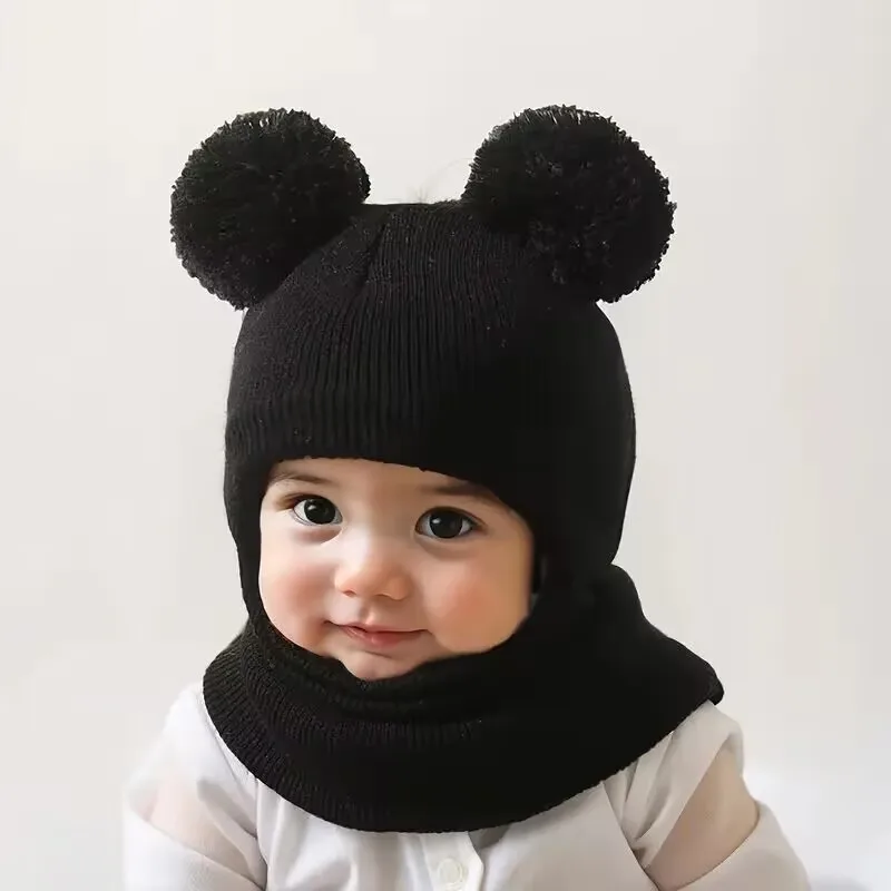 1 قطعة/2 قطعة قبعة شتوية للأطفال بغطاء للرأس من قطعة واحدة، مزودة بأجهزة حماية الأذن والرقبة، للدفء. قبعة محبوكة على شكل كرة مزدوجة