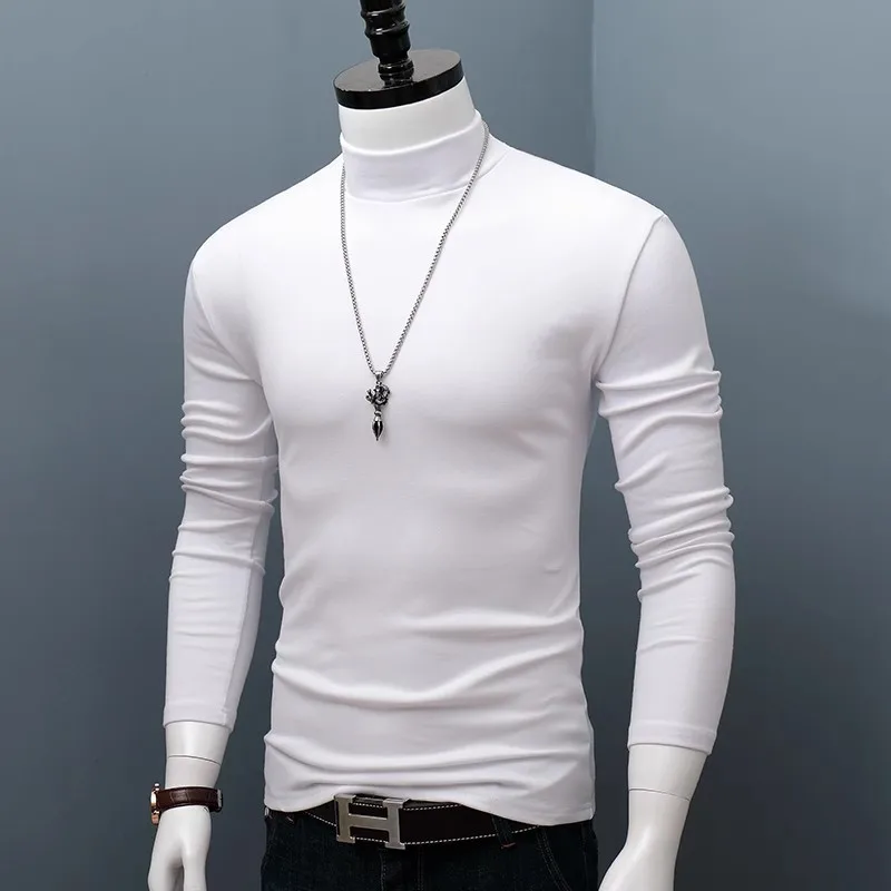 Autumn and Winter Long Sleeved T-shirt Men's Thermal Underwear Half High Collar with Fleece Base Shirt Slim Fit Korean Version