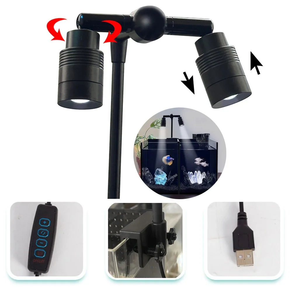Double-headed Mini Clip-on Aquarium Lamp Adjustable Zoom 6W Fish Tank Clip Lamp Waterproof USB Adjustable Focus Spotlight