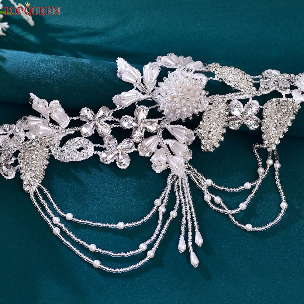 TOPQUEEN Handmade Rhinestone Beaded Bridal Belt Diamond Applique Designs Bridal Belt Crystal Bodice Patch Bridal Shoudler S482