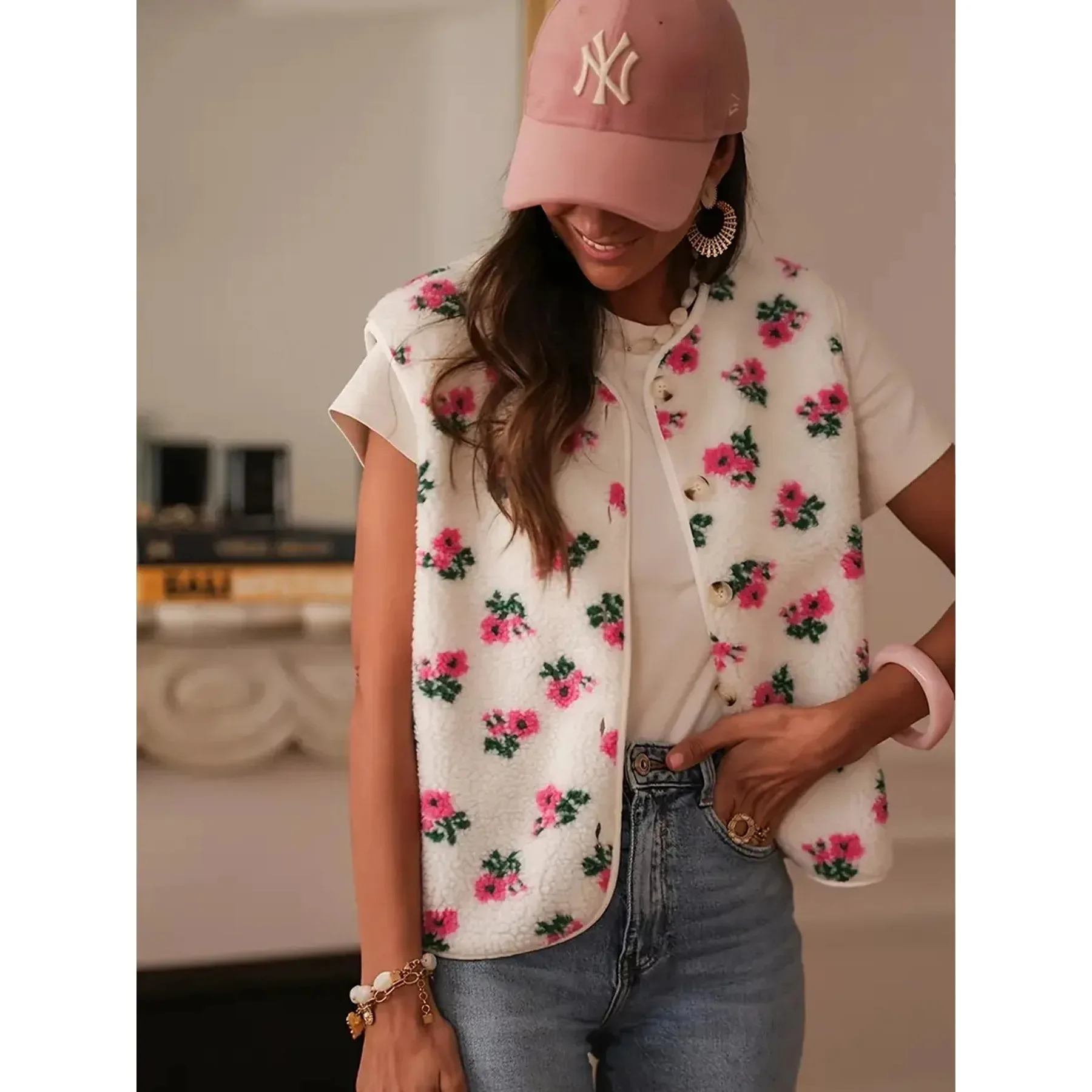 

Floral Double-sided Fleece Vest for Women Single-button Closure Comfortable Casual V-neck Spring Autumn Warm No-sleeve Cross-Bor