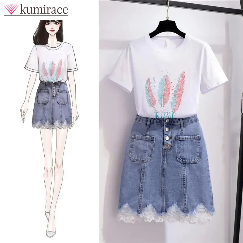 

Fashion Women's Set 2024 New Round Neck Half Sleeve T-shirt Top+Design Sense Lace Denim Skirt Age Reducing Two Piece Set