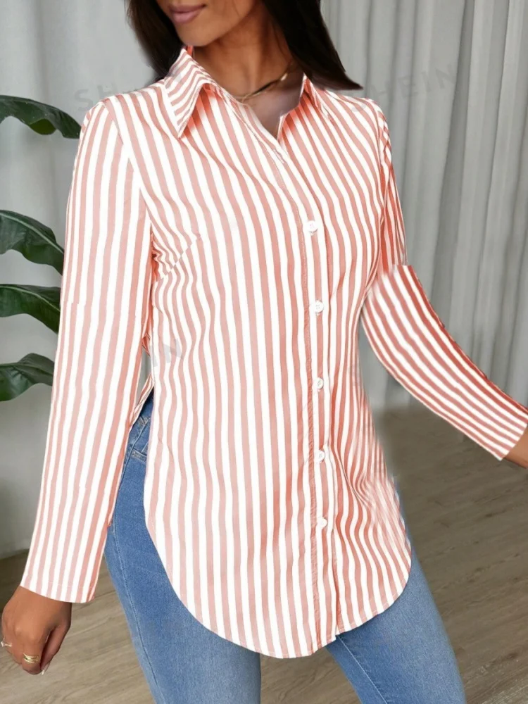 Women's Long Sleeve Striped Button-Up Shirt with Classic Lapel Collar and Curved Hem - Casual Office Wear Tops image 5