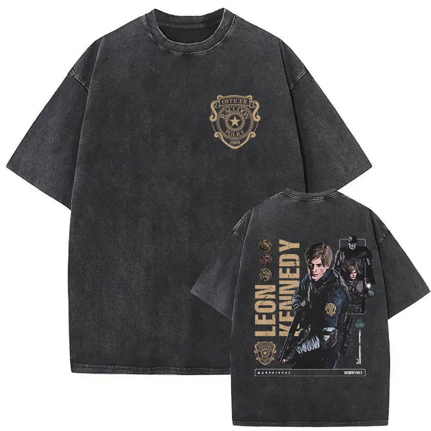 Vintage Washed Leon Kennedy Resident Evil 4 T Shirt Men's Street Cosplay Punk Short Sleeve T-shirts Man Gothic Clothing T-shirt