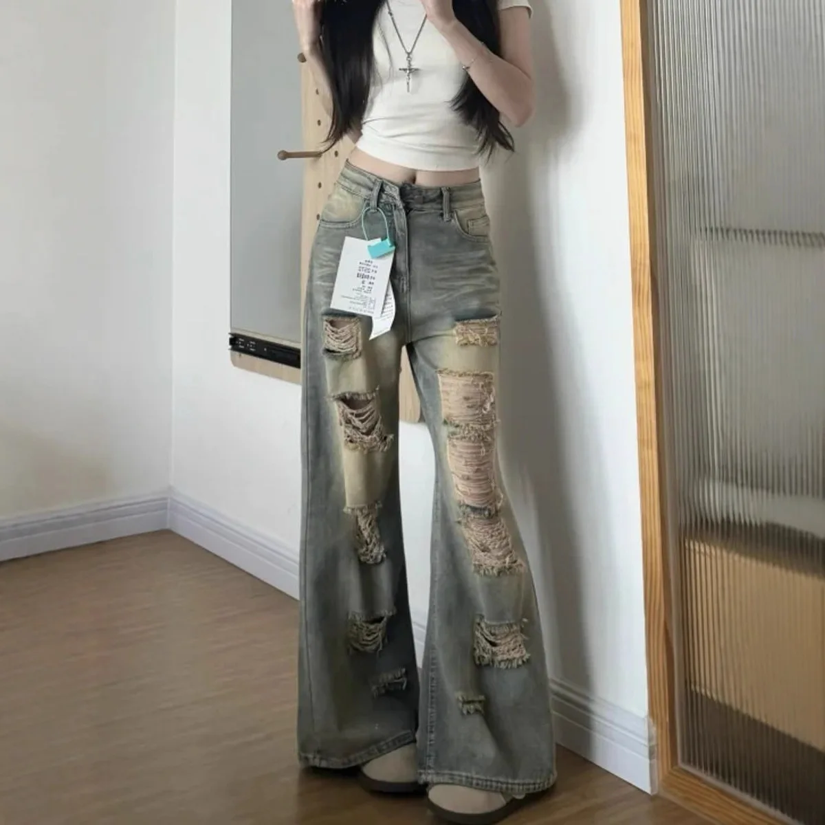 Women Vintage Washed Ripped Micro Flare Denim Pants High Rise Loose Fit Slimming Straight Floor Sweeping Long Jeans Ins Fashion