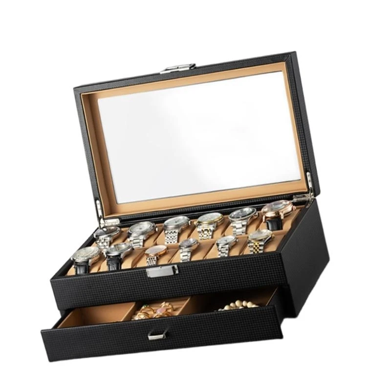 T4MD Watch Jewelry Box with Drawer and Clear Top 12 Compartments Jewelry Storage Case Double Layer Wrist Watches Holder
