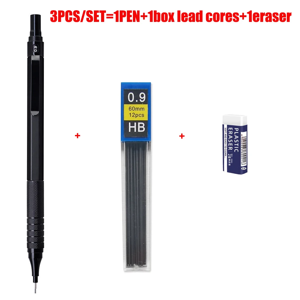 3 stks/set Metalen Vulpotlood Set 0.5/0.7/0.9mm Lood Refill Automatische Potlood Art Schets Schilderen Schrijven briefpapier