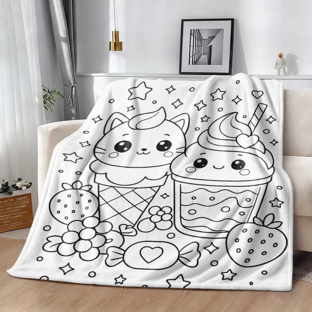 DIY Coloring Flannel Blanket. Cat Ice Cream Strawberry Line Print, Warm Soft for Sofa Office, Birthday Thanksgiving Halloween Ch