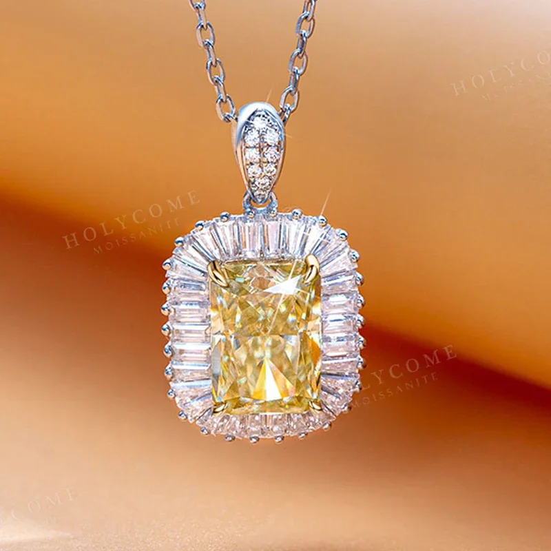 925 Silver Original Yellow 4Carat Radiant Cut Diamond Test Passed 7.5x11mm Moissanite Wedding Pendant Necklace Gemstones Jewelry