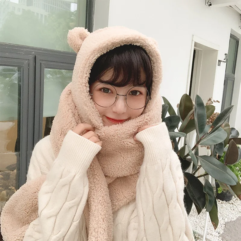 2Pcs/set Cute Bear Ears Hat Scarf for Women Winter Plush Thicken Warm Beanies Bonnet Neck Protection Scarves Outdoor Skiing Sets