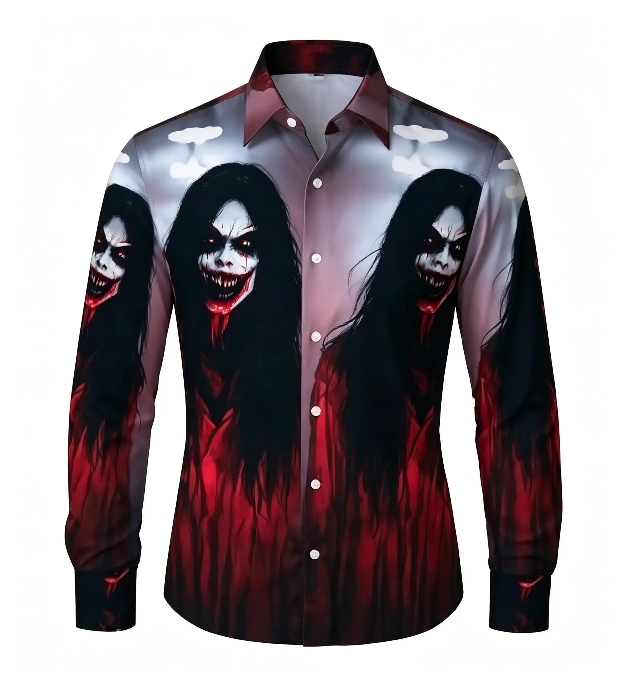 Men Long Sleeve Halloween Shirt Grey Red Ghost Woman Face Horror Print Lapel Casual Top