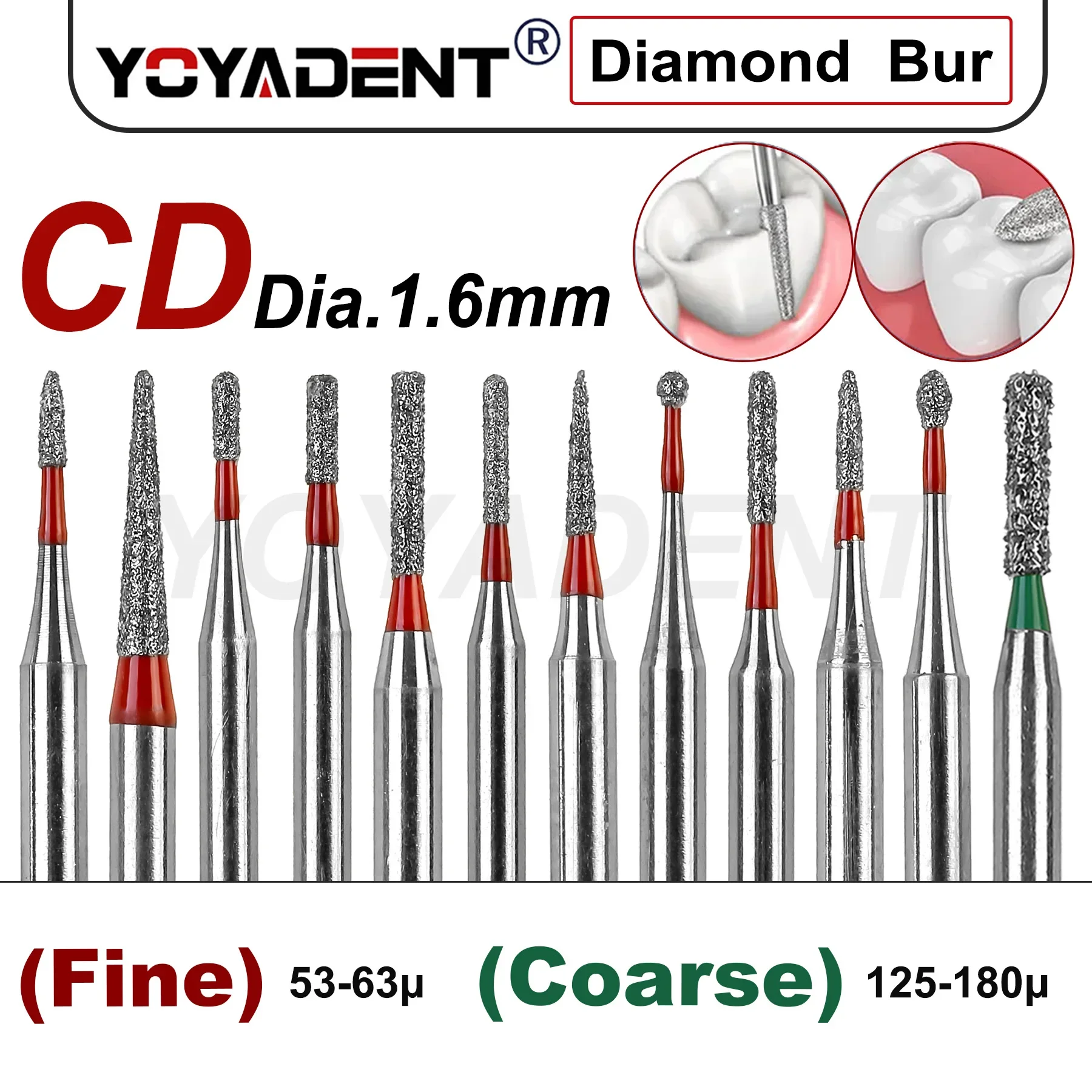 Dental Diamond Burs Fine/Coarse Type Dentistry Drills For High Speed Turbines Dia.1.6mm 10pcs/Pack