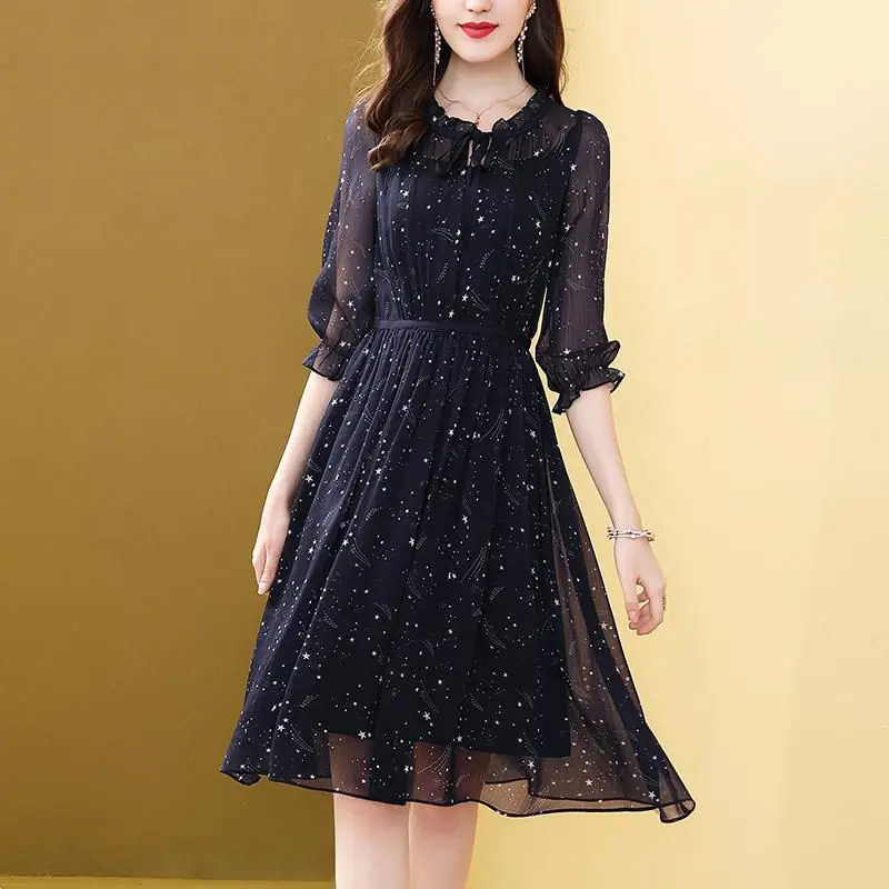 Sweet Bow Starry Sky Print Dress Summer 2023 Three Quarter Petal Sleeve Ruffled Neck Chiffon Pullover Midi Dress Womens Clothing