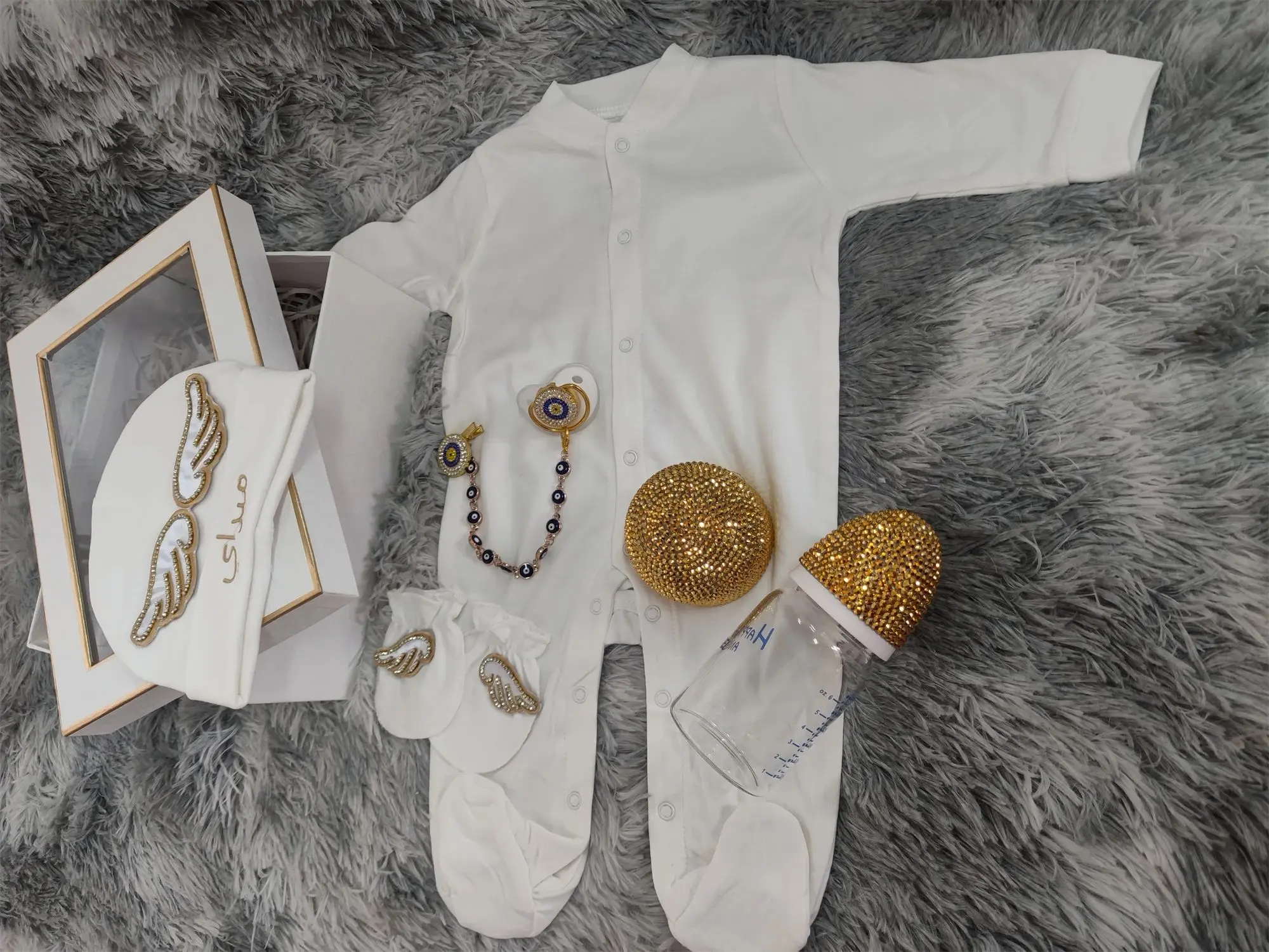 Bling Gold Rhinestone Newborn Take Home Outfit 5Pcs Evil Eye Angel Wing Footie Set For Baby Shower