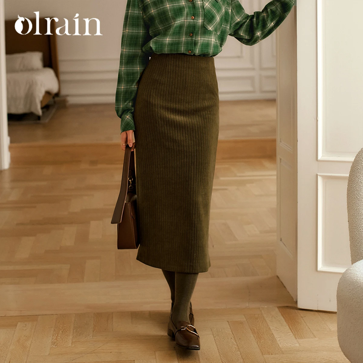 OLrain French Style Green Skirt Women Autumn 2026 Midi Commute High-waist Elastic Elegant Evening Long Skirts O56DB95525