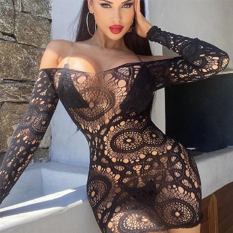 Sexy Lace Babydoll Fishnet Mini Dress Hollow Out Off Shoulders Women\'s Lingerie Underwear Perspective Nightclub Dresses Sheath