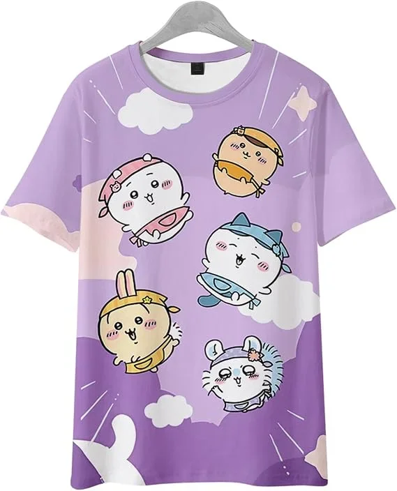 Chiikawa 3D-Druck T-Shirt Schwarz-Weiß Gestreiftes Kurzarm-Shirt Niedlicher Cartoon-Charakter Lässiges Unisex-Sommer-Oberteil Familien-Partnerlook – Detail 6