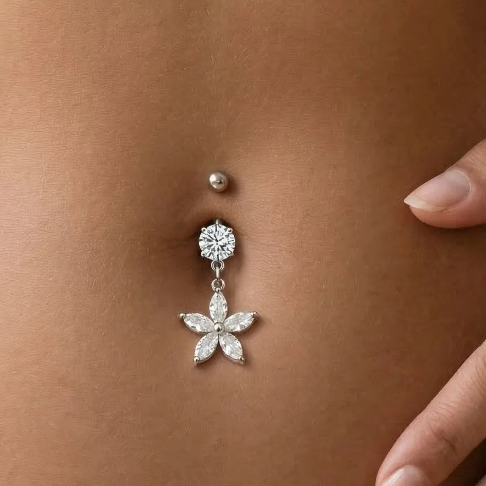 Alloy Rhinestone Piercing Belly Dangled Design Shiny Apricot Blossom Navel Jewelry Dual Color Waterproof