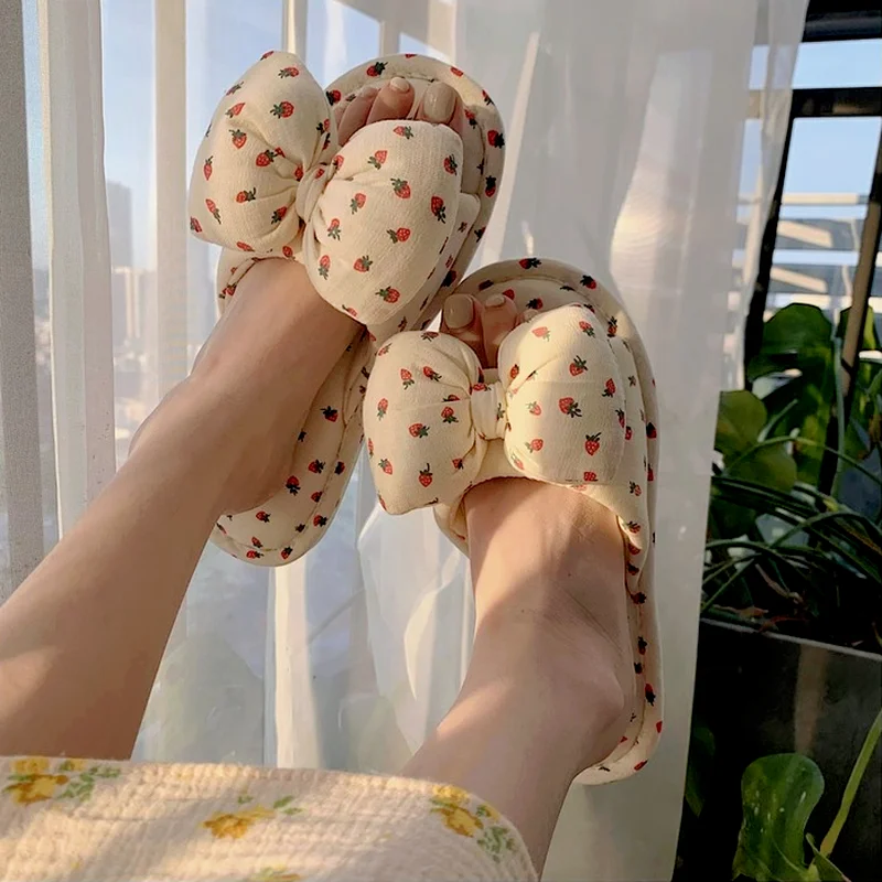 Fashion Casual And Comfortable Four Seasons Linen Slippers Indoor Home Cute Girly Heart Bow Slippers Women Shoes