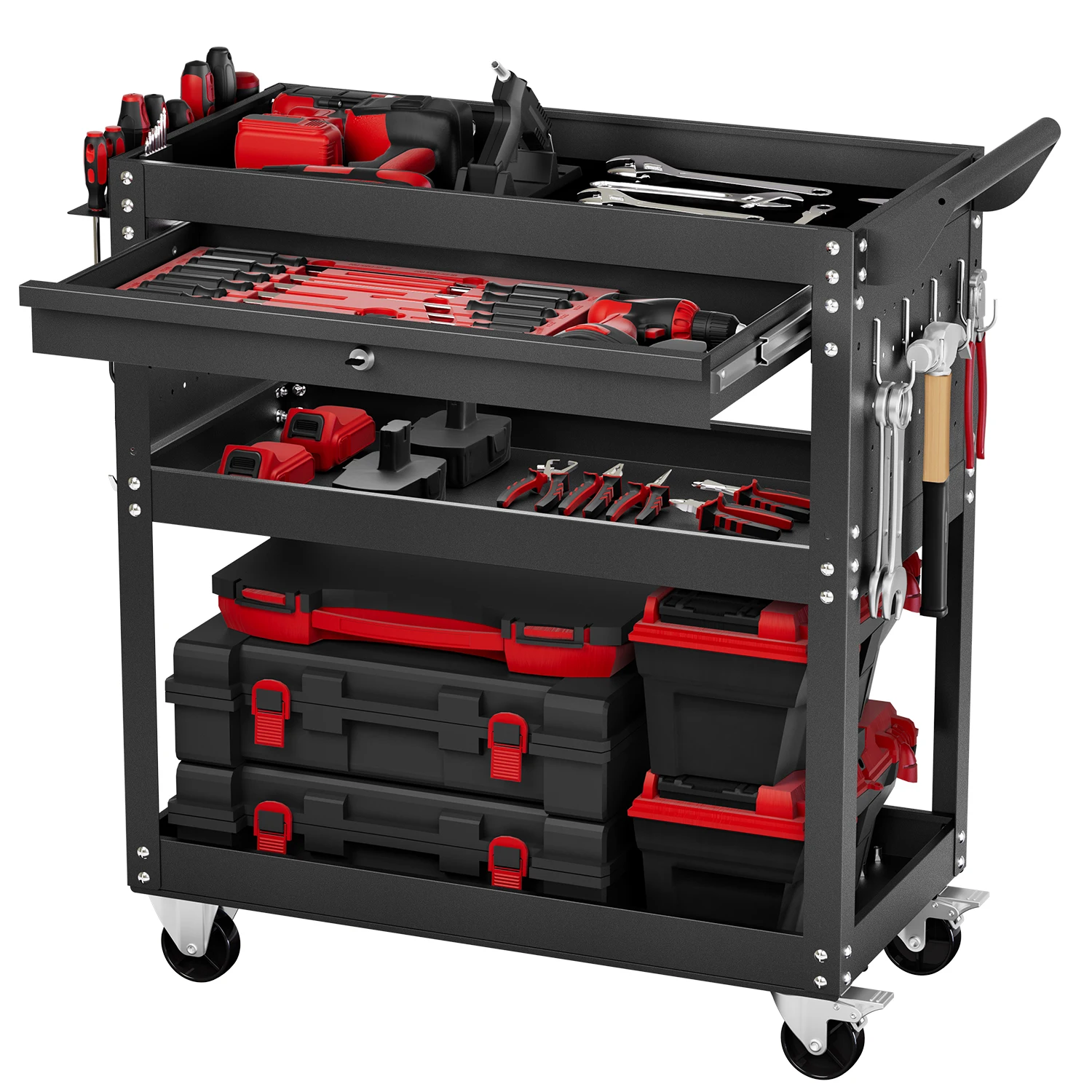 SucceBuy 4-Tier Rolling Tool Cart on Wheels Mechanic Cart with Drawer & Pegboard Tool Storage Organizerfor Garage Repair Shop