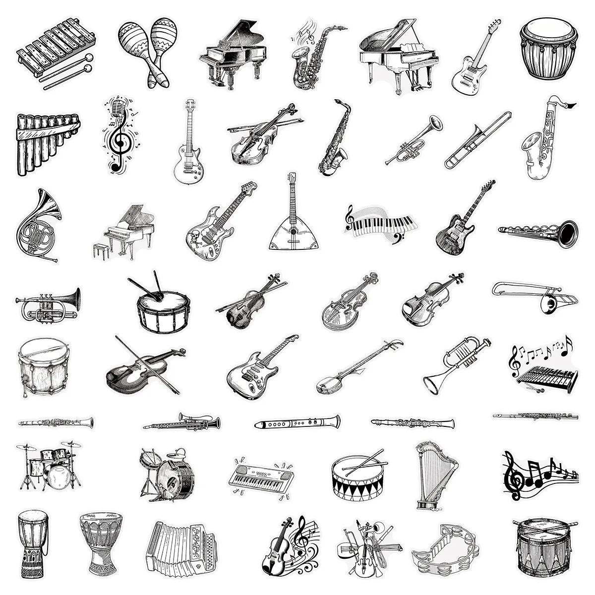 10/50PCS Black and White Musical Instruments Piano Guitar PET Decoration iPad Phone Case Laptop Waterproof Stickers Kids Toy