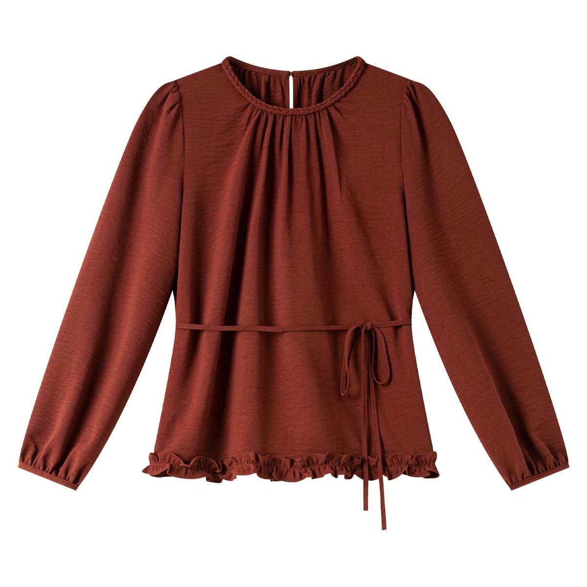 VIMLY Women Ruffles Blouse French Elegant Autumn 2025 Round Neck Lace-up Female Shirts Puff Sleeve Tops Chemisier Femmes A3006