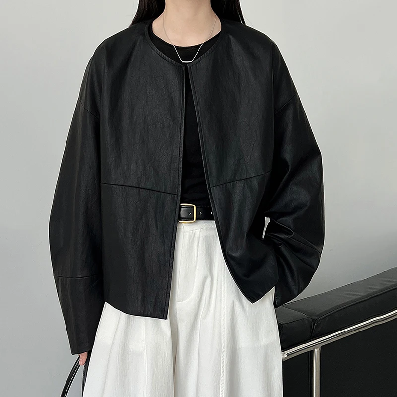 

Loose Women's Black Jacket Old Money Style O-neck PU Leather Cardigan Coat Autumn New Minimalist Casual Top