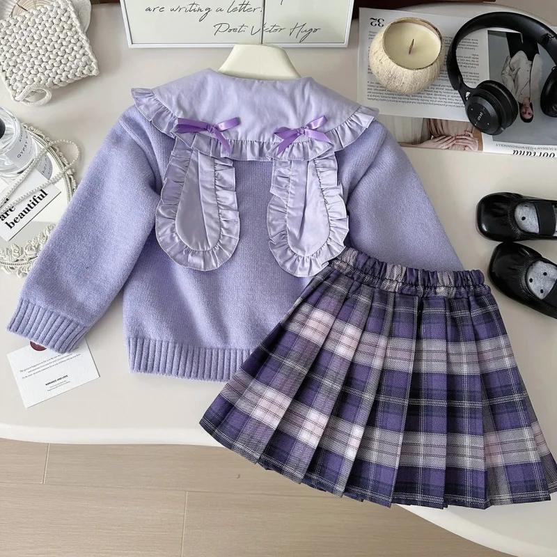 Girls' Autumn Clothing Suits CollegejkPleated Skirt Rabbit Officer Cardigan Sweater Shirt Three-Piece Set