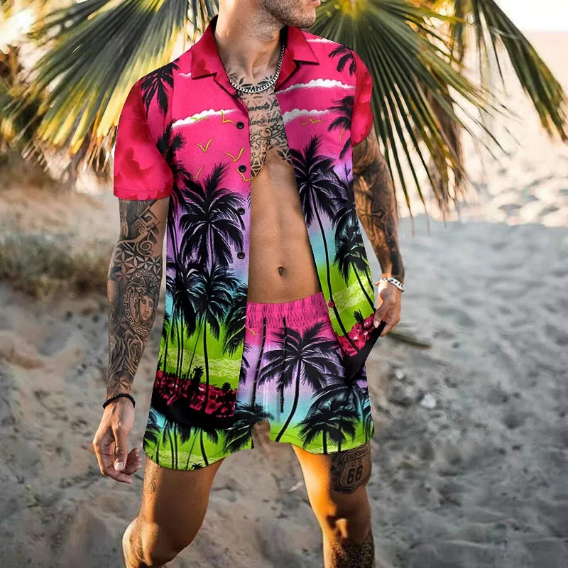 Cárdigan Hawaiano para hombre, conjunto de 2 piezas, camisa de manga corta con botones y estampado 3D, pantalones cortos de playa para vacaciones,