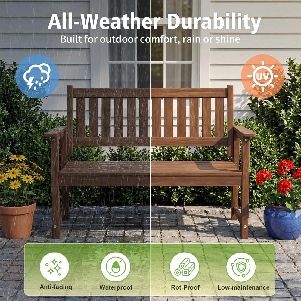 Outdoor Bench, 2-Person Garden Bench, Poly Lumber Patio Bench for Outdoors, Porch, and Park (Brown), Customized