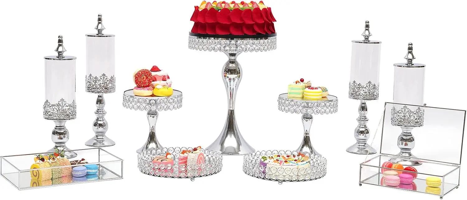 

Набор серебряных подставок для торта из 11 предметов, металлический держатель для кексов с акриловым зеркалом для демонстрации свадьбы, дня рождения