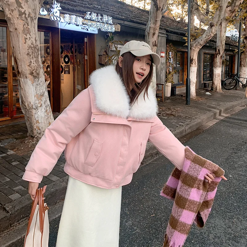 جديد جودة عالية الشتاء سترة النساء الملابس صوف الضأن كبير الفراء طوق المرأة قصيرة الشتاء أسفل معطف مبطّن بالقطن سترات الإناث