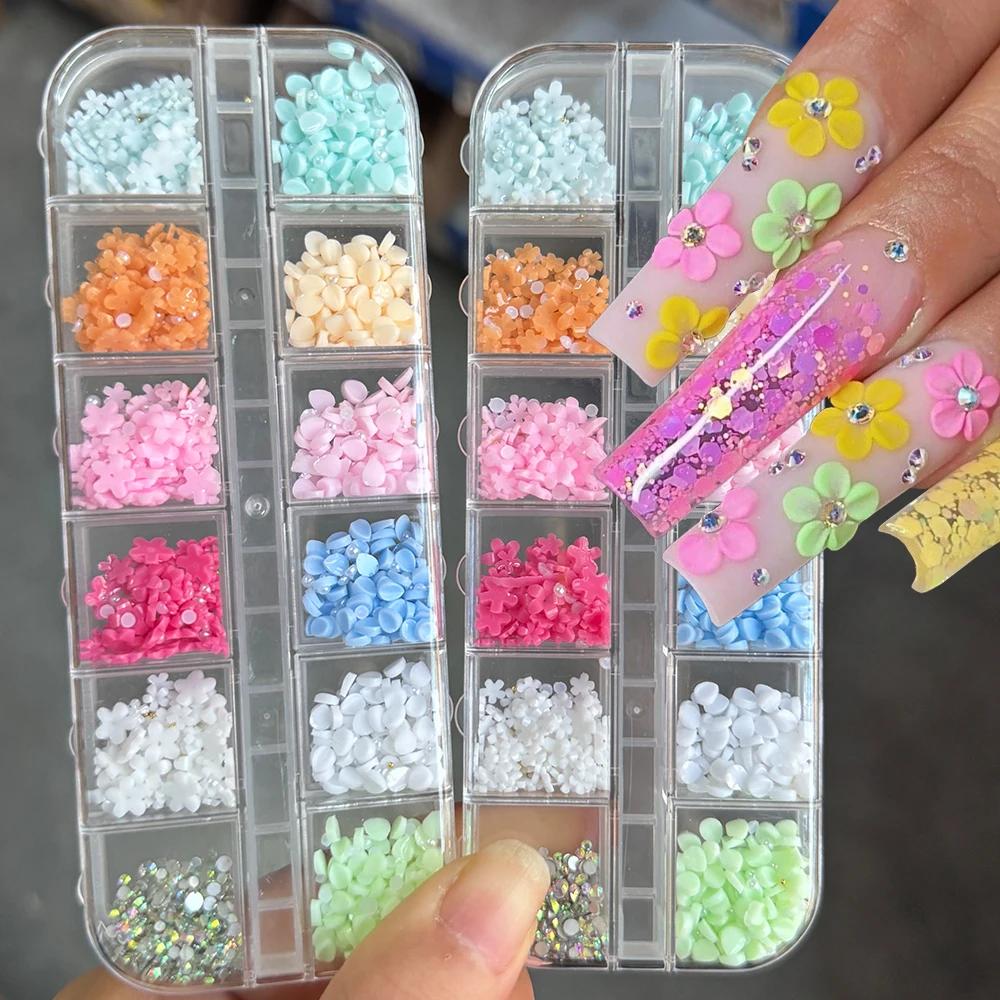 

12Grids Colorful Petals Nail Art Charms 3D Mixed Resin Acrylic Flowers Nail Rhinestones Spring Summer DIY Crafts Nail Decoration
