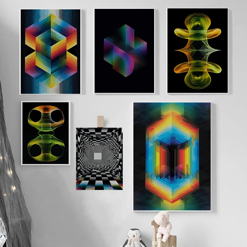 Modern Psychedelic 3D Abstract Optical Illusion Posters Futurism Cube Neon Prints Canvas Painting Wall Pictures Home Room Decor