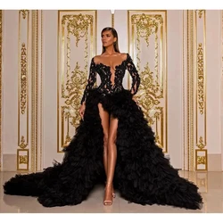 Black Dubai Evening Dresses Luxury 2023 Pearls Long Sleeves Ruffles Hi-Lo Tulle Sexy Women Formal Prom Pageant Gowns Custom Made