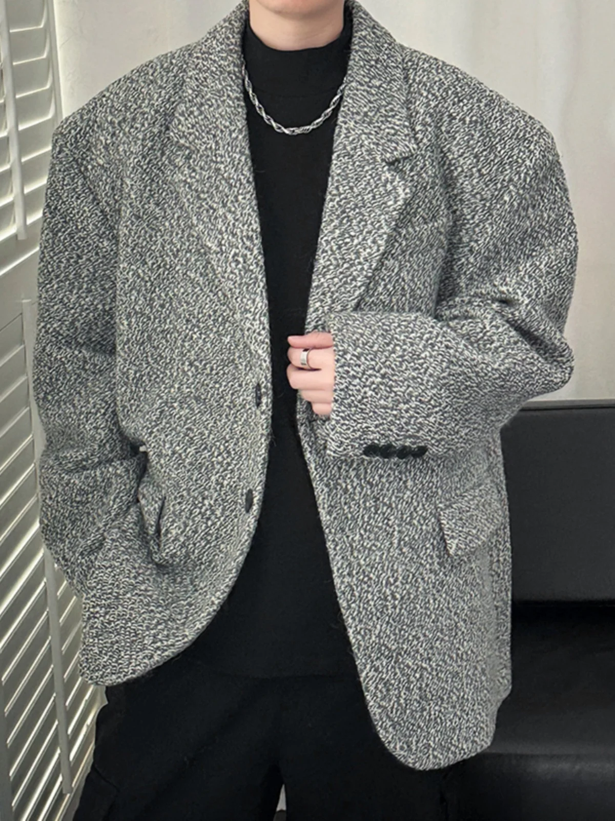 

Fall Winter Men's Thiened Woolen Suit Jaet Faionable Casual Long Sve Loose Fit Sli Urban Sle Single-breasted Coat