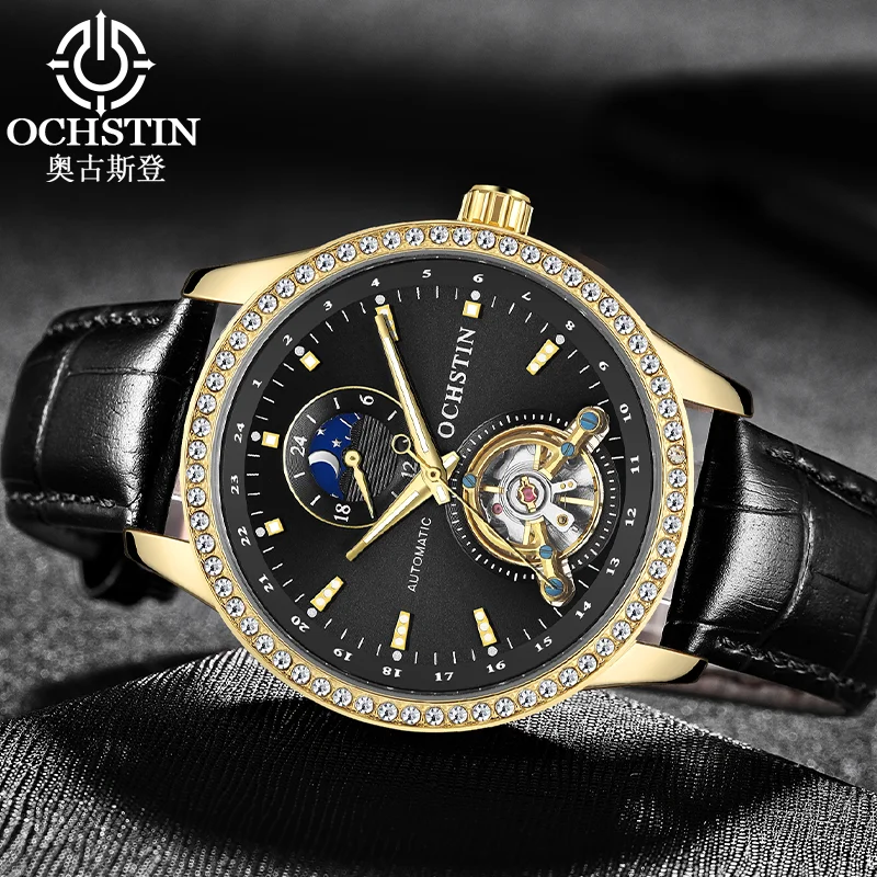 OCHSTIN Vintage Stylish Men Tourbillon Mechanical Watch Man Comfortable Genuine Leather Bracelet Water‑resistant Timepiece