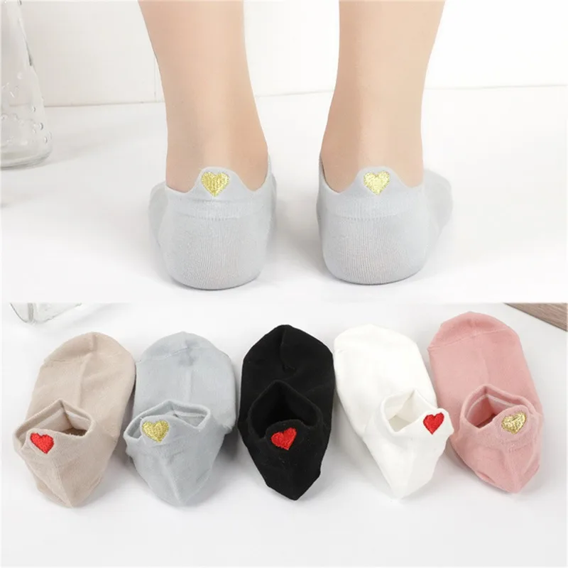 Cute Embroidery Love Heart Stereoscopic Heel Socks Fashion Funny Sokken Heel with Glitter Gold Silk Red Heart Ankle Socks Носки