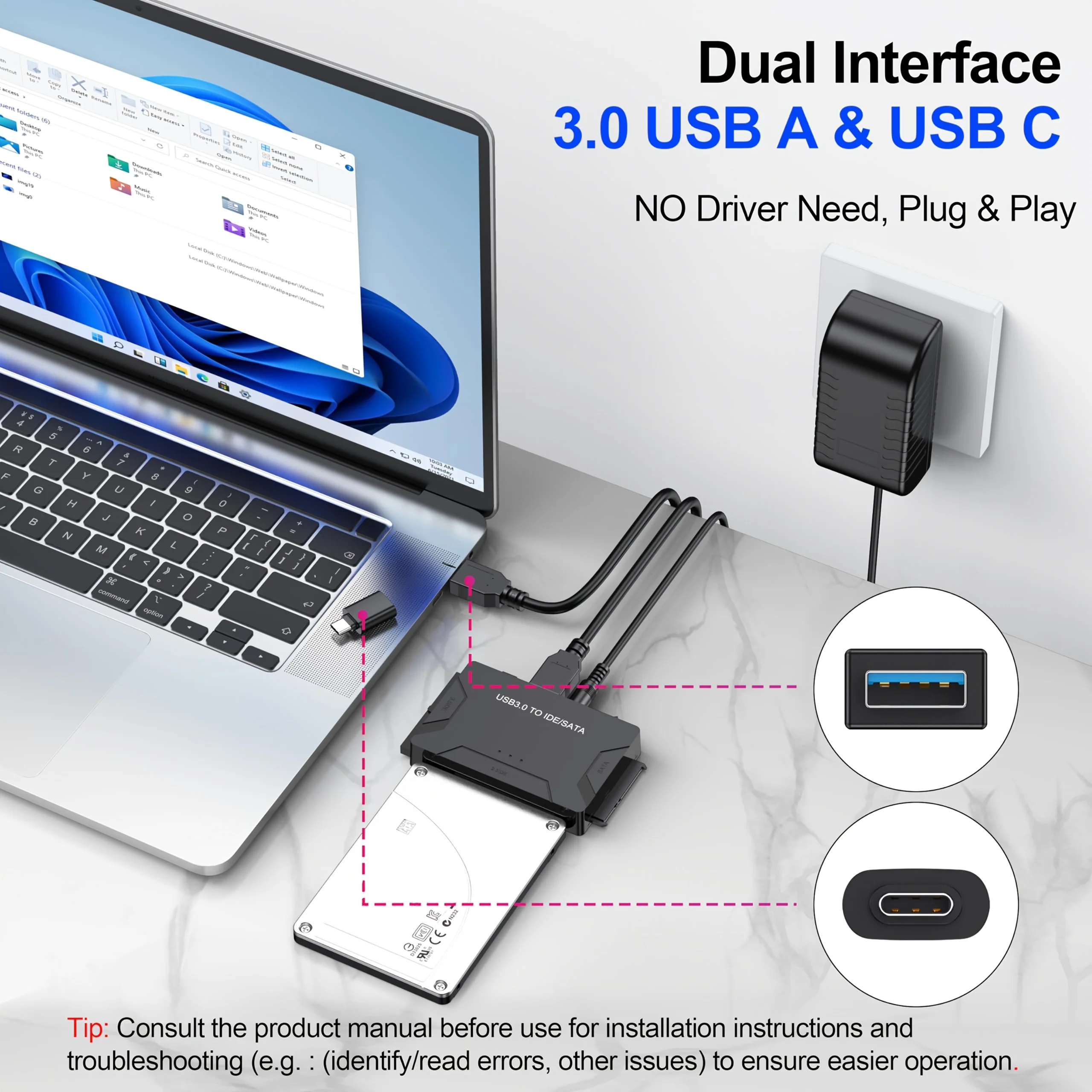 USB 3.0 IDE SATA Adapter, Universal Hard Drive Reader Kit with for 2.5/3.5 HDD/SSD, External Hard Drive Adapter For PC Macbook