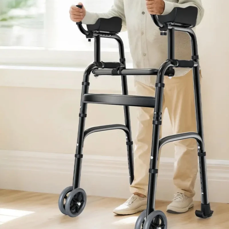 Senior Walking Aid with Seat Foldable Walker for Elderly, Rehab Support Cane for Stroke Patients Anti-Slip Quad Cane with Wheels