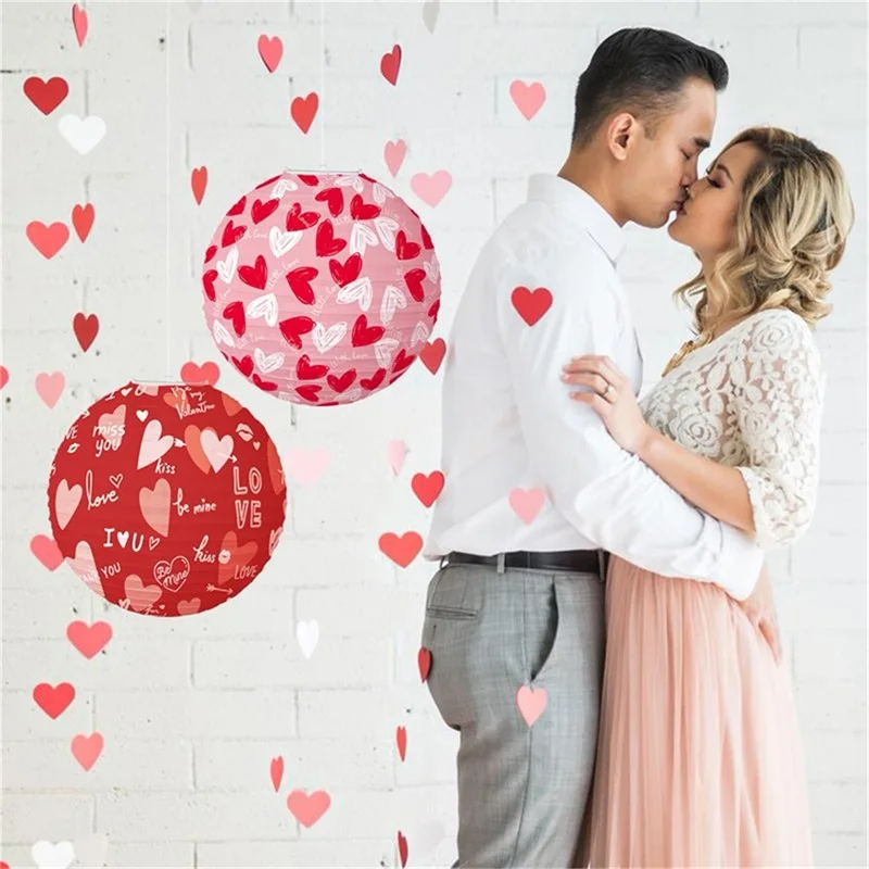 Valentine's Day Hanging Paper Lanterns Round Love Heart Paper Lanterns Valentines Day Decorations for Anniversary Wedding Party