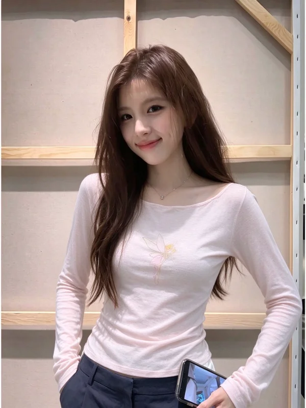 Pink Elf U-Neck Long Sleeve Women's T-shirt Slim Fit Base Layer Korean Design Sensation Casual Style Autumn Fashion Top