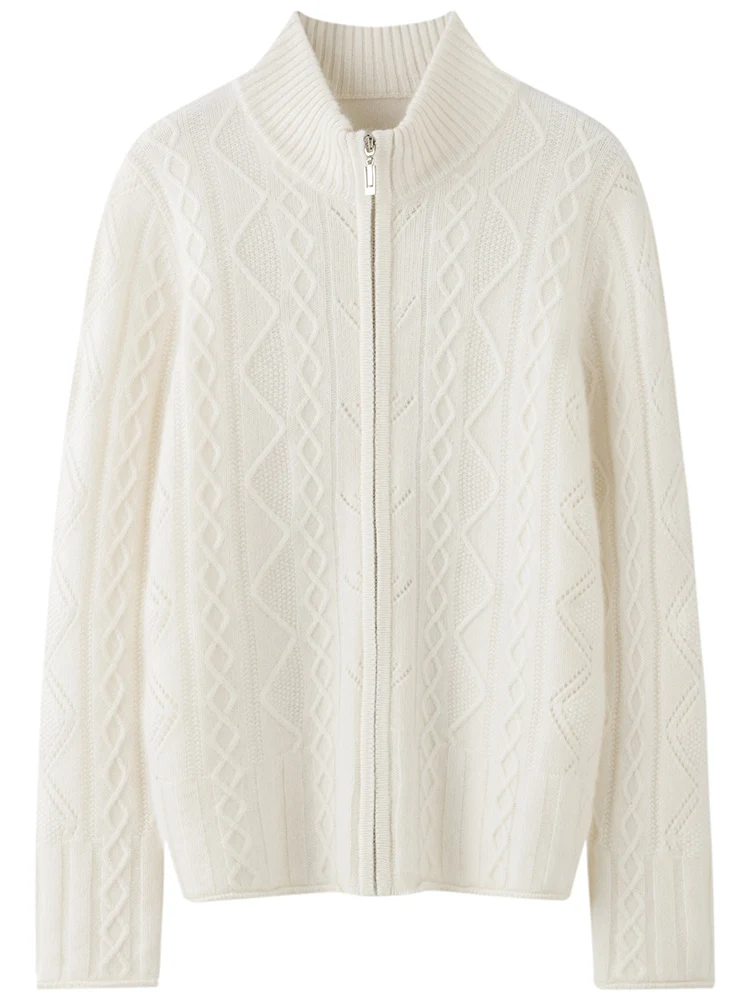 

Women Pure Cashmere Coat Mock Neck Cardigan Zipper Sweater Long Sleeve Twist Flower Knitwear Autumn Winter 100% Cashmere Top