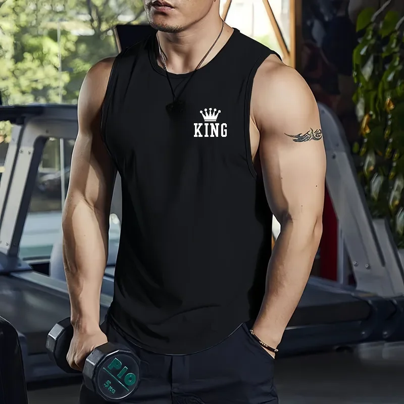 Men's Summer Fitness Running Quick Drying KING Sleeveless Mesh Round Neck Tank Top Muscle Sweatshirt Fitness Basketball Tank Top