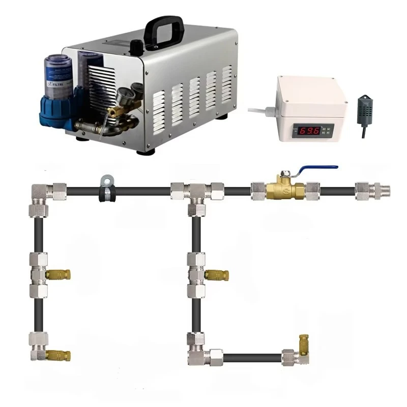 Greenhouse fog cooling system with humidity sensor, brass fog nozzle atomization system, fog machine atomization system