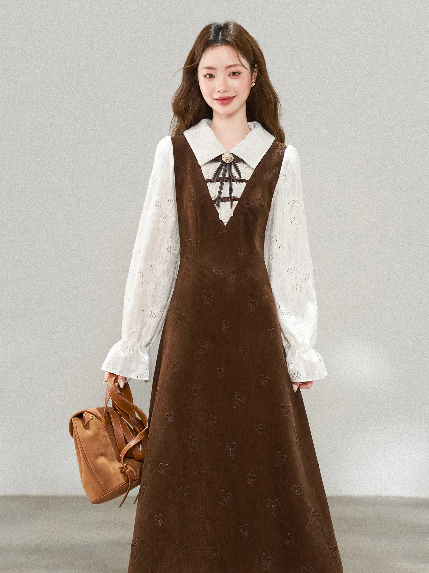 

Retro Plaid Coffee Color Collar Long Dr Women's Autumn Winter New Sle A-Line Skirt High Waist Medium Softn Long Sve